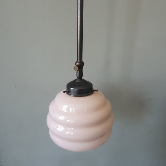 Image 1 of Long Vintage Art Deco Rose Opaline pendant lamp - hanging lamp