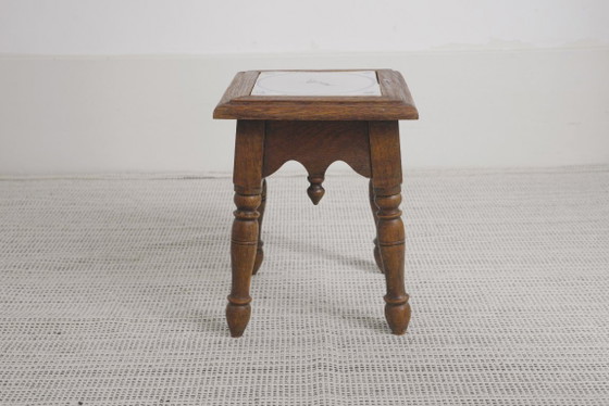 Sgabello antico olandese in stile country con piastrelle di Delft, sgabello vintage in legno, piano in (photo 3 of 24)