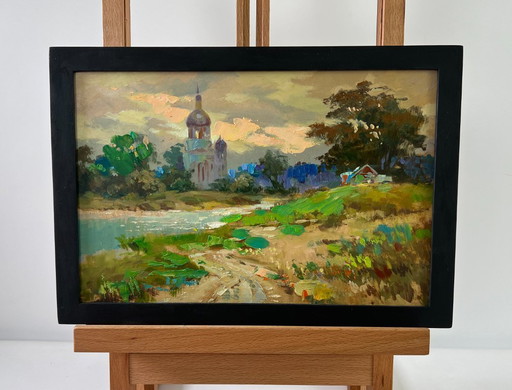 Original Oil Painting Evening City Landscape Church over the river