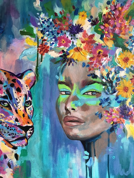 Image 1 of Origineel mixed media schilderij op canvas 80x80 – “Feiticeira” (gesigneerd) – vrouw & panter in kleur