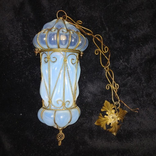 Rare Ancienne Lanterne Venitienne Cage Murano Verre Opalescent Venise
