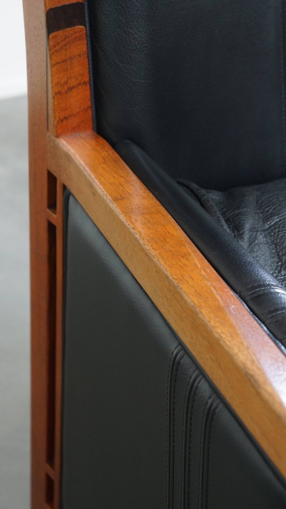 Image 1 of Black cowhide leather and wood Art Deco design armchair by Schuitema from the decoforma series