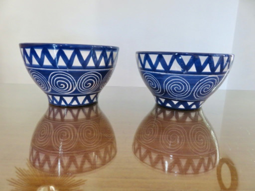 2 emaillierte Keramikschalen von Robert Picault, La Roue Vallauris, selten in Blau und Weiß, Frankreich, 50er-60er