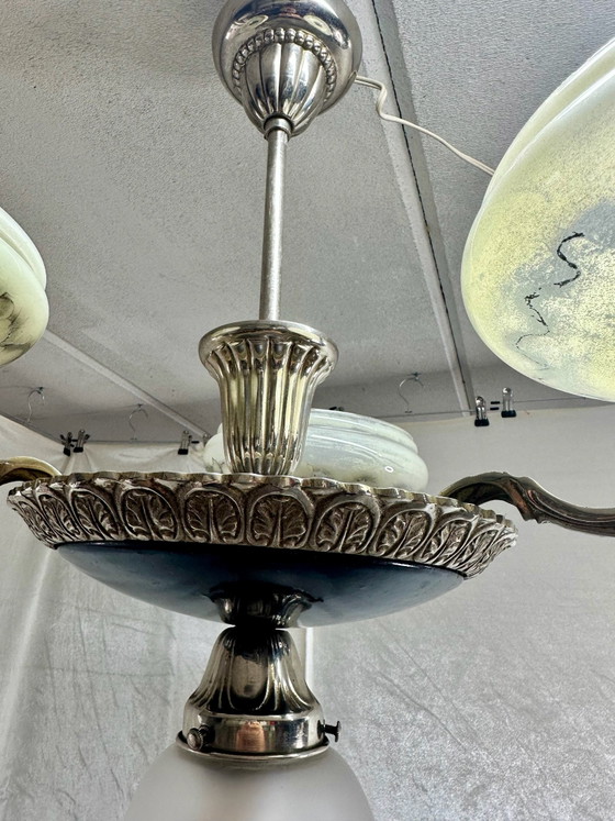 Antique Art Deco Style Pendant Lamp Chandelier with Marbled Opal Glass, Ceiling lights, Metal, Black (photo 7 of 14)