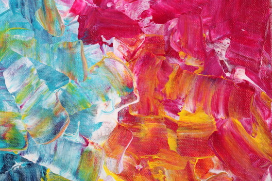 Image 1 of Acrylic painting on canvas in blue, pink, and yellow.