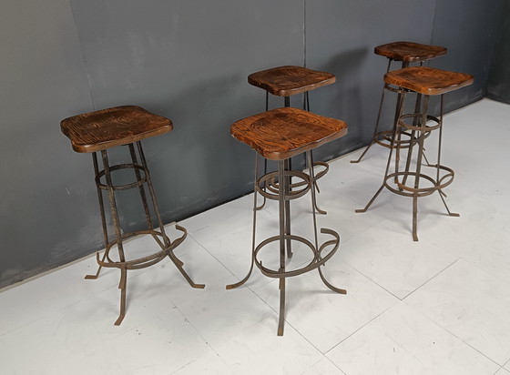 Image 1 of Vintage Brutalist Bar Stools, Set of 5 - 1970s