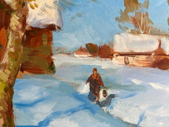 Image 1 of Original Oil Painting Winter Village Landscape Quiet village in winter