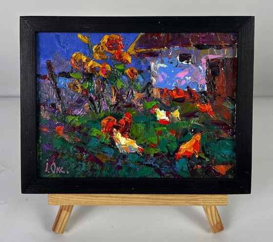 Image 1 of Origineel olieverfschilderij: Landelijk landschap, dorp, zonsondergang. De dag loopt ten einde.