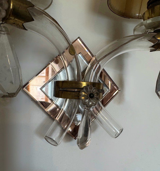 Image 1 of Art Deco crystal and brass mirror wall lights