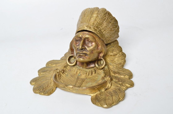 Image 1 of Antieke inktpot in de vorm van een Indiaans opperhoofd / Verguld brons / Indiaans hoofd uit begin 1900