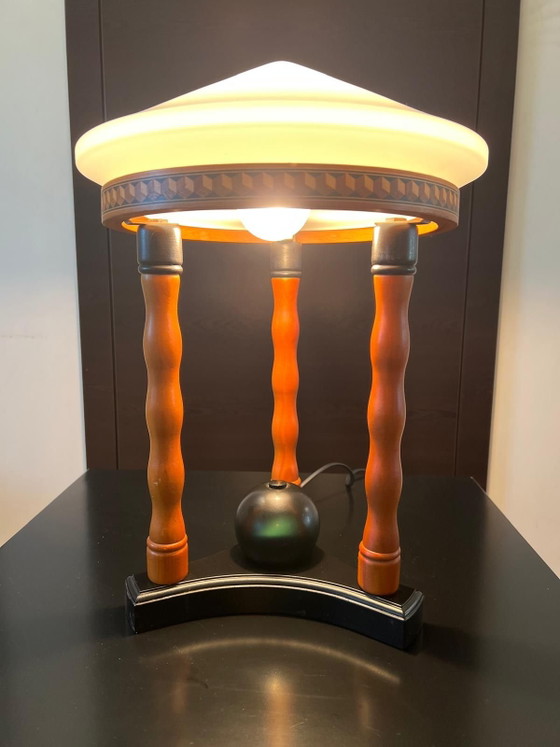 Temde Leuchten Lamp - Turned wood and RARE conical white opal glass shade, Table lamps, Beige (photo 3 of 8)