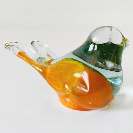 Image 1 of Vintage gekleurde mondgeblazen vogelsculptuur glas presse-papier glazen vogeltje murano stijl vogelbeeldje 1980's