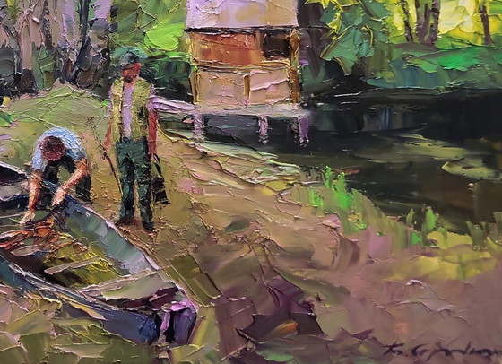 Image 1 of Origineel olieverfschilderij: Landelijk landschap, natuur, een boot nabij de kust