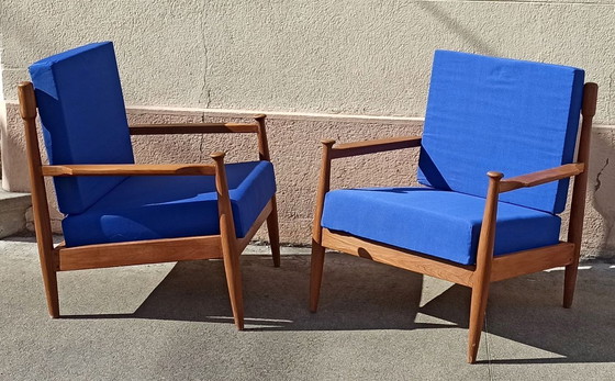 Image 1 of Pair of Scandinavian armchairs with blue cushions, 1960s