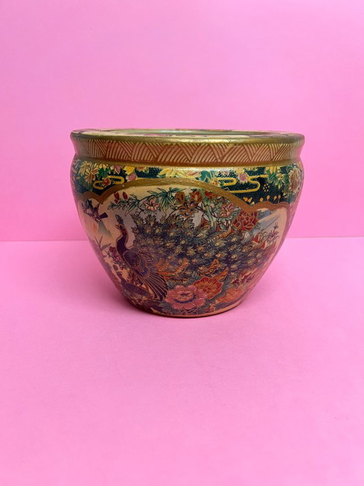 Vintage Satsuma Cachepot Flower Pot Planter with Peacock Motif – Hand-Painted Asian Ceramics