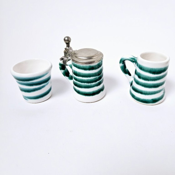 Image 1 of Set of 3 ceramic shot glasses | Vintage handpainted GMUNDNER KERAMIK from AUSTRIA | Green flamed collection from 1970s