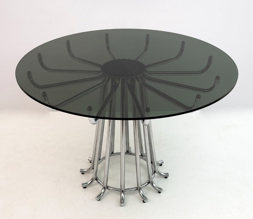 Table à manger ronde en métal chromé italien Gastone Rinaldi, style milieu de siècle, années 70
