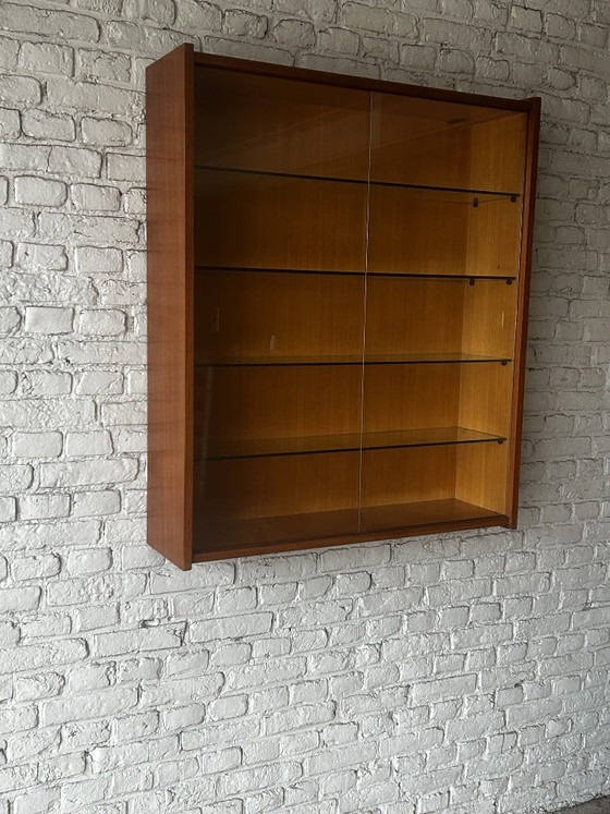Wall display cabinet with glass sliding doors, brown wood, Mid Century Modern (photo 2 of 14)