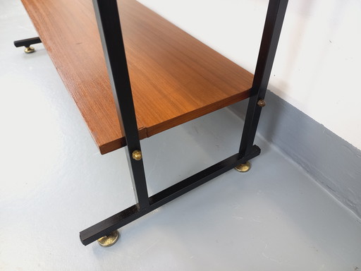 Vintage Teak And Black Metal 60's String Tomado Style Shelf On Legs