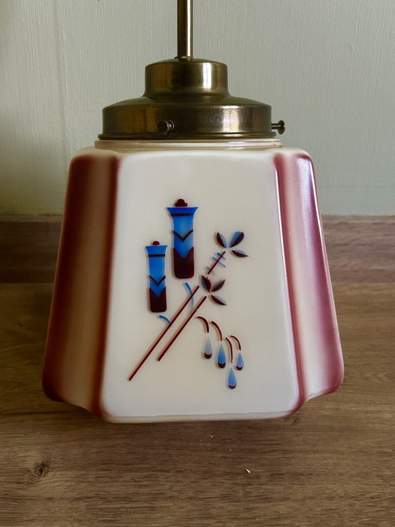 Exklusive Art-Deco-Pendelleuchte aus den 1930er-Jahren – Sechseckiges Opalglas mit Sprühdekor – Art Deco (photo 2 of 9)