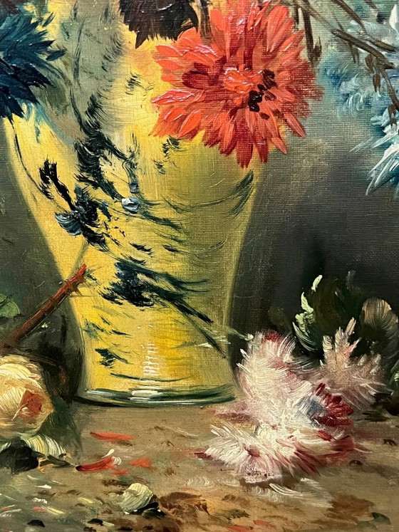 Stilleven met bloemen. Olieverf op doek. Gesigneerd door de kunstenaar. – Schilderijen & Tekeningen, Canvas (photo 5 of 8)