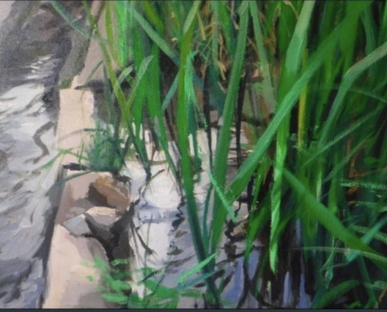 Groot Natuurlandschap Schilderij - Rivier met Stenen Brug, Origineel Acryl op Canvas 80x80cm (photo 2 of 7)