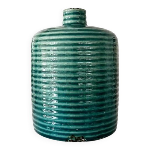 Duck blue ribbed glazed ceramic bottle vase – Mid-Century style