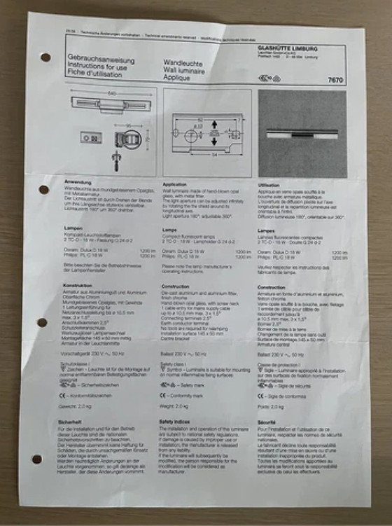Image 1 of Glashütte Limburg design wall lamp - 7670