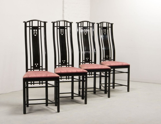 Image 1 of Giorgetti Italian Design Dining Chairs, Set of Four High Back Black Lacquered with Luxurious Soft Pink Upholstery. Italy, 1980s.