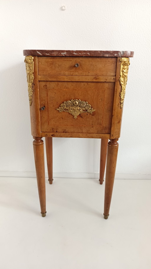 Antique French (Night) Cabinet With Walnut Veneer And Brass