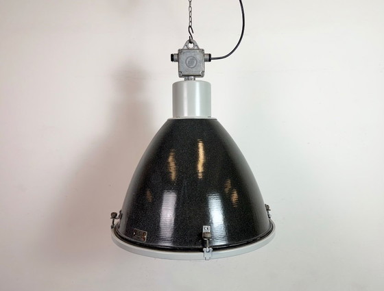 Image 1 of Large Industrial Black Enamel Factory Lamp with Glass Cover, 1960s
