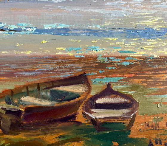 Image 1 of Pintura al óleo original: Paisaje de Sunset River, atardecer carmesí fascinante.