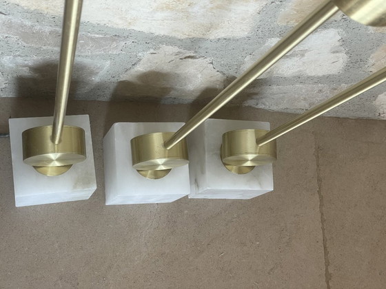 Image 1 of Set of 3 Eichholtz Etruscan Square pendant lights in alabaster and brass