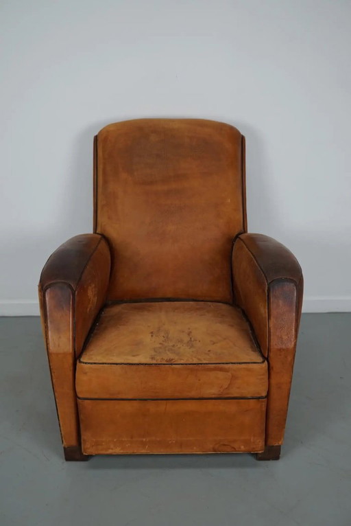 Vintage Franse cognackleurige leren clubfauteuil, jaren 1950