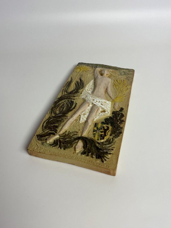 Image 1 of Belgian Ceramic Wall Plaquette with Female Figure and Sun Motif, 1970s