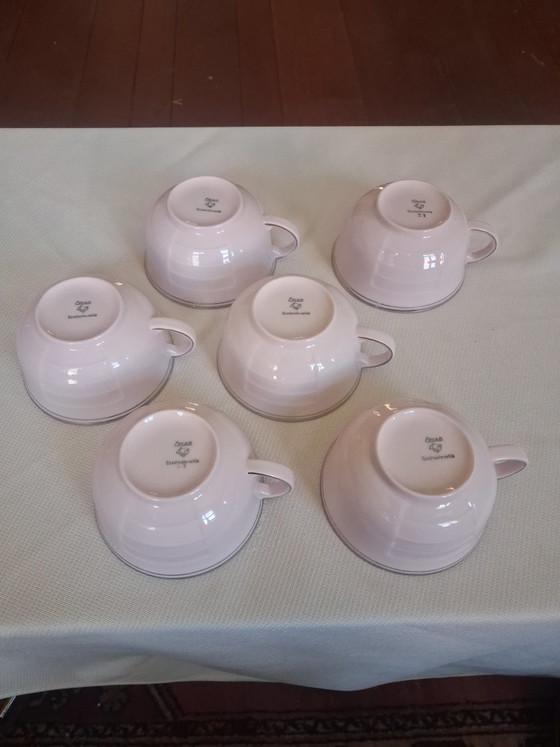 Image 1 of Servizio da caffè/tè Art Déco originale - Epiag, Cecoslovacchia (anni '20/'30) - Porcellana rosa con bordo argentato