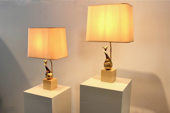 Pair of Exclusive Philippe-Jean Brass Art Sculpture Table Lamps, signed, Marble, Mid Century Modern (photo 9 of 14)