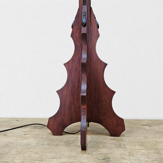 Image 1 of Amsterdam School / Art Deco floor lamp stained glass shade (geometric design) oak base
