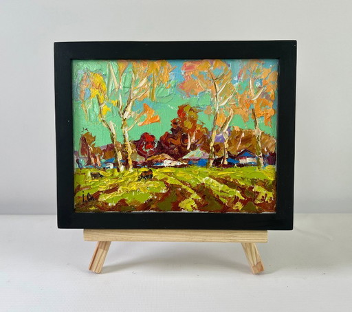 Original Oil Painting Day Village Landscape Spring fields are turning green