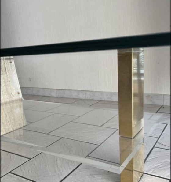 Image 1 of 70s glass and travertine coffee table