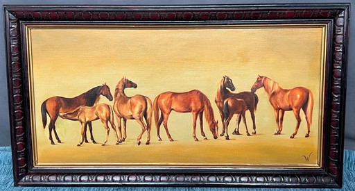 Schilderij "Merries met veulens". – schilderijen tekeningen, Canvas, Vintage (photo 2 of 8)