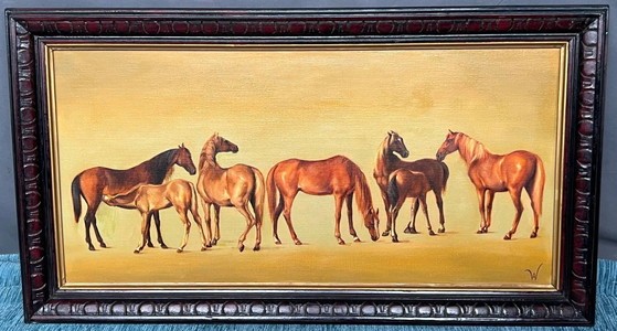 Schilderij "Merries met veulens". – Schilderijen & Tekeningen, Canvas, Vintage (photo 2 of 8)