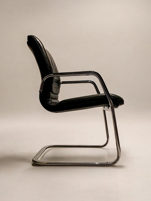 C. 1990 - Black Leather And Chromed Steel Office Chair - Italy -
