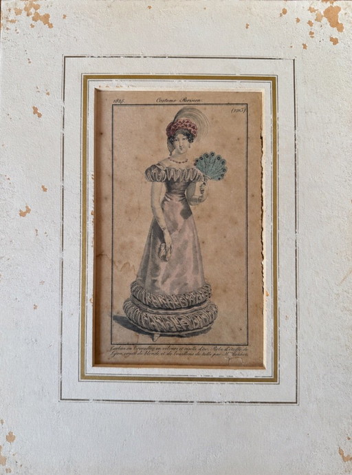 Antique French fashion engraving Costume Parisien ca. 1825 – damaged – schilderijen tekeningen, Paper (photo 2 of 5)