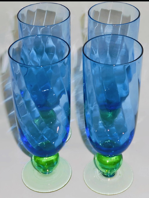 Unique Vintage Set of 4 blue hand-blown swirl champagne glasses with spherical green base