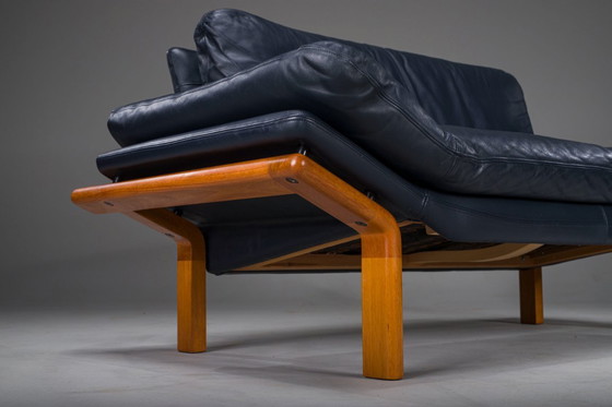 Image 1 of Danish Teak and Navy Blue Leather 2-Seater Sofa from Komfort, 1970s