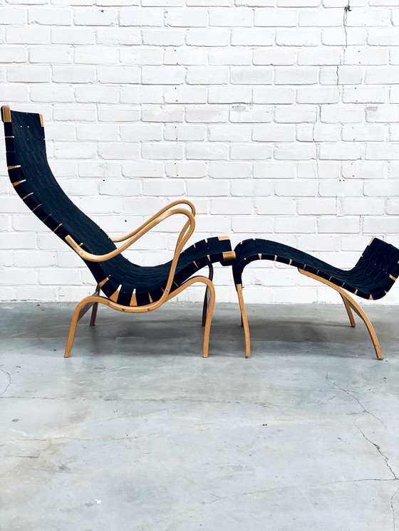 Image 1 of Bruno Mathsson | Set Of Vintage Lounge Chair With Ottoman | Pernilla Series | Black Canvas