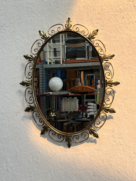 Image 1 of Vintage Oval Brass Mirror, Ornate Decor, Deknudt Belgium, 1970's