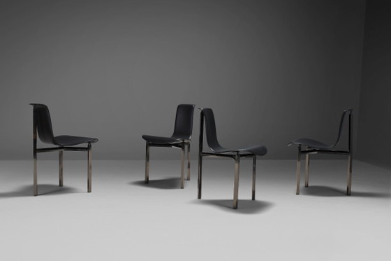 Fauteuils en cuir et chrome à trois pieds, Italie, années 1970 – Chaises de salle à manger, Leather, Vintage (photo 4 of 9)