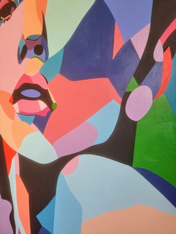Image 1 of Pop-art portrait "Love You" - colorful abstract painting on MDF by Franklin van Dam (118x82cm)